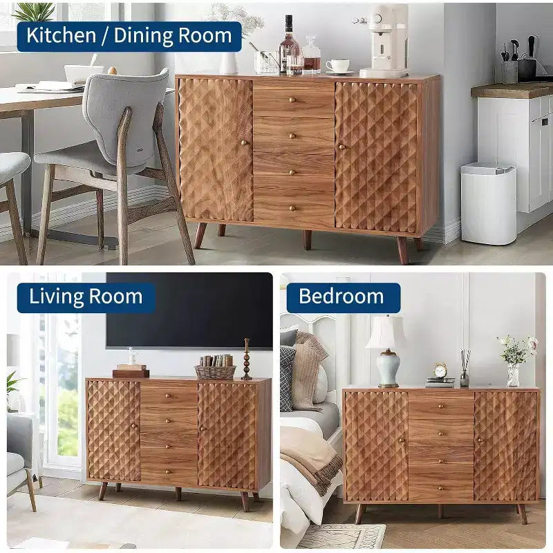 Buffet de 120 cm de large avec 4 tiroirs, grand buffet avec rangement, buffet de ferme en bois avec 2 portes, pour la maison
