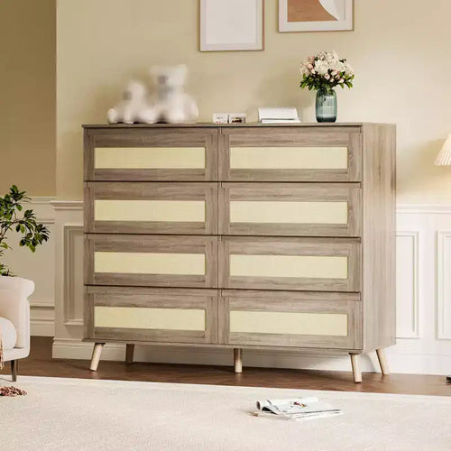 8 Drawer Dresser for Bedroom, Rattan 47'' Wide Chest of Drawers, Wooden Storage Dressers Organizer, Media Console Table for Living Room Hallway