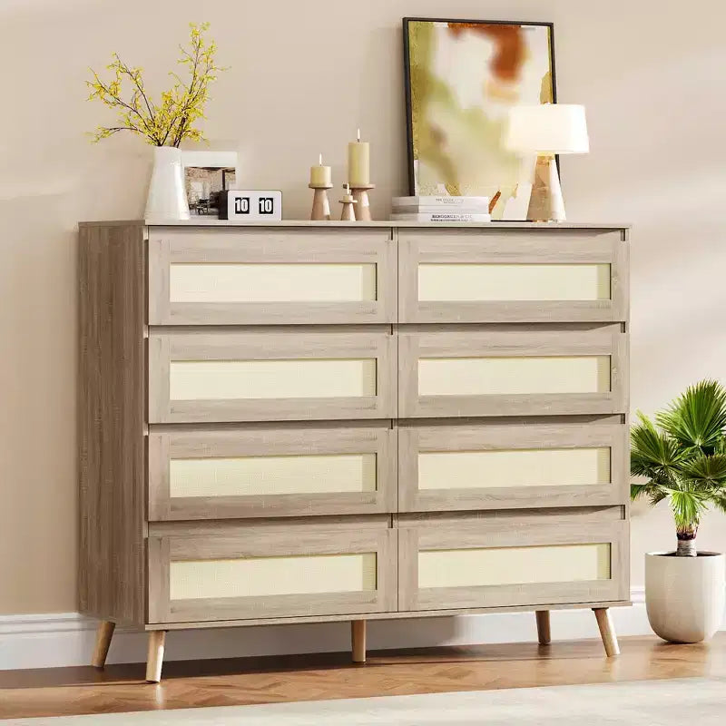 Commode à 8 tiroirs pour chambre à coucher, commode en rotin de 120 cm de large, commode de rangement en bois, meuble console TV pour salon ou couloir