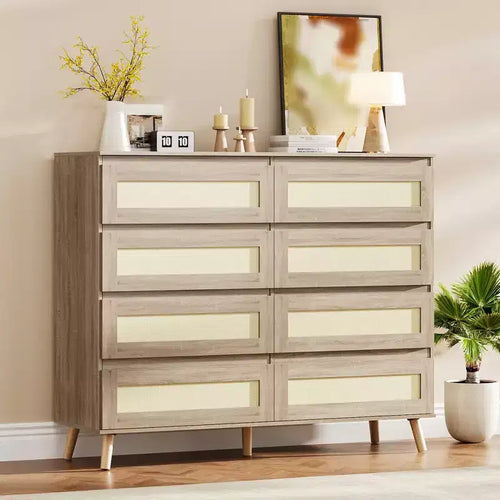 Commode à 8 tiroirs pour chambre à coucher, commode en rotin de 120 cm de large, commode de rangement en bois, meuble console TV pour salon ou couloir