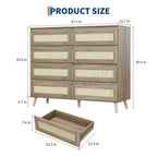 Commode à 8 tiroirs pour chambre à coucher, commode en rotin de 120 cm de large, commode de rangement en bois, meuble console TV pour salon ou couloir
