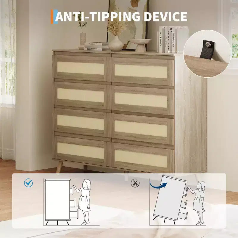 Commode à 8 tiroirs pour chambre à coucher, commode en rotin de 120 cm de large, commode de rangement en bois, meuble console TV pour salon ou couloir