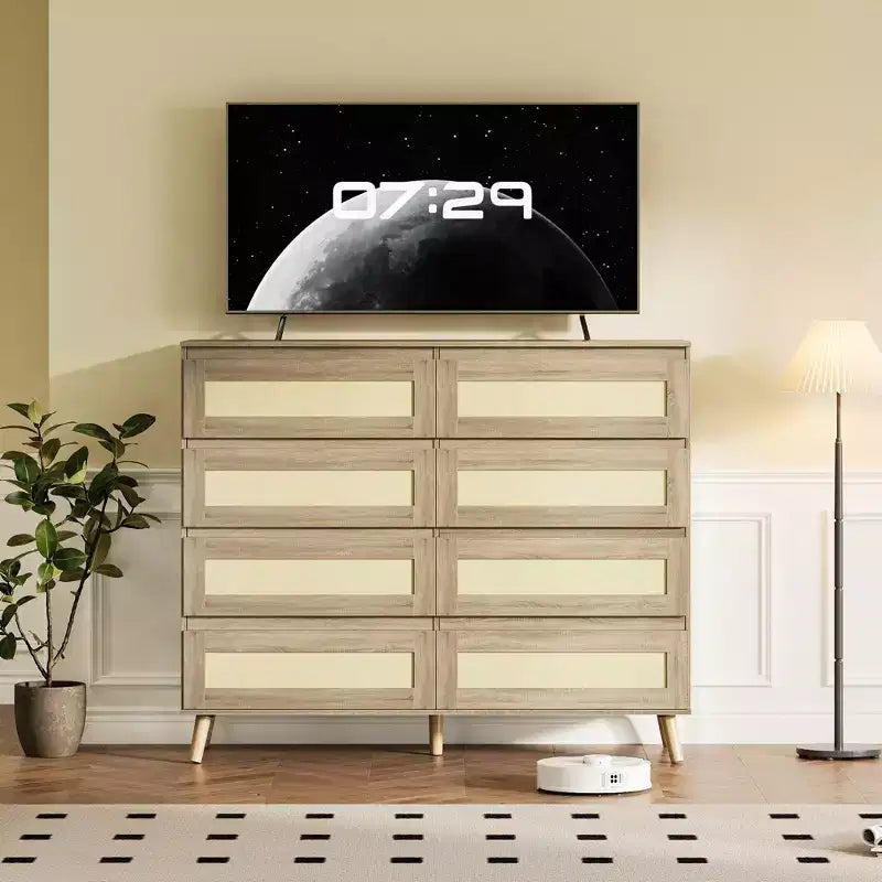 Commode à 8 tiroirs pour chambre à coucher, commode en rotin de 120 cm de large, commode de rangement en bois, meuble console TV pour salon ou couloir