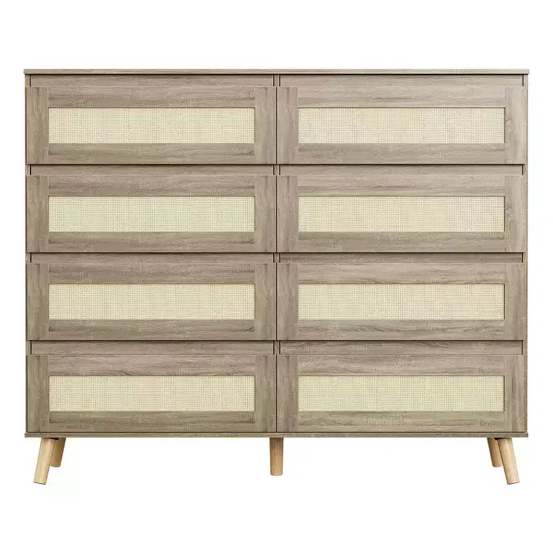 Commode à 8 tiroirs pour chambre à coucher, commode en rotin de 120 cm de large, commode de rangement en bois, meuble console TV pour salon ou couloir