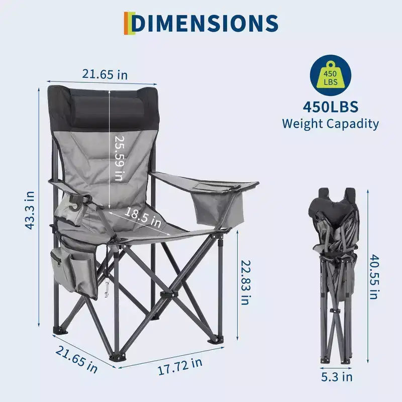Chaise de camping pliante surdimensionnée, chaise portable rembourrée d'extérieur avec porte-gobelet, capacité de 204 kg