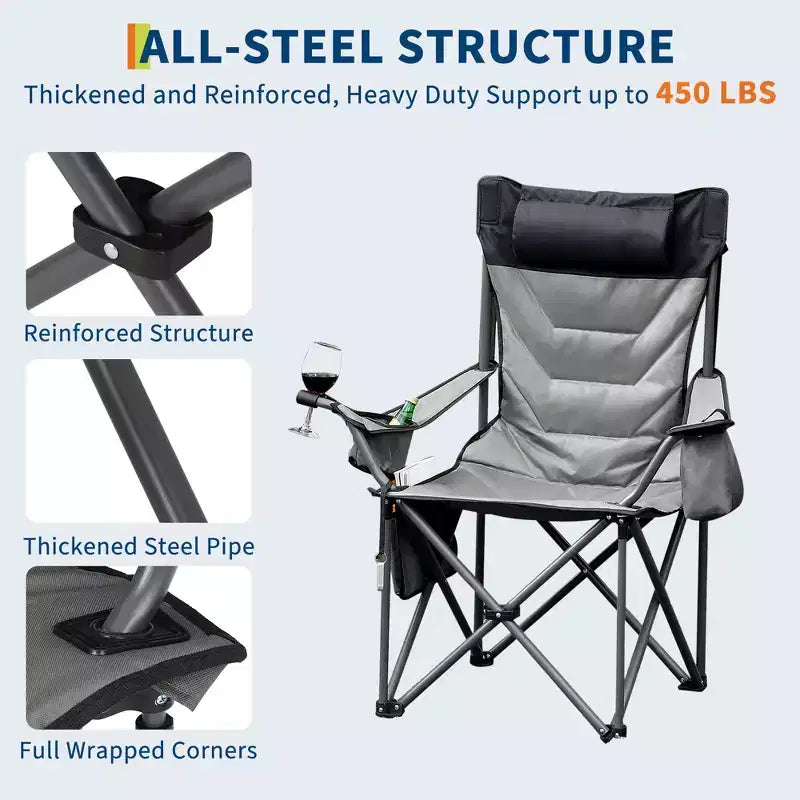 Chaise de camping pliante surdimensionnée, chaise portable rembourrée d'extérieur avec porte-gobelet, capacité de 204 kg