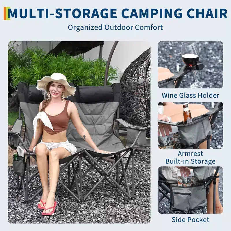 Chaise de camping pliante surdimensionnée, chaise portable rembourrée d'extérieur avec porte-gobelet, capacité de 204 kg
