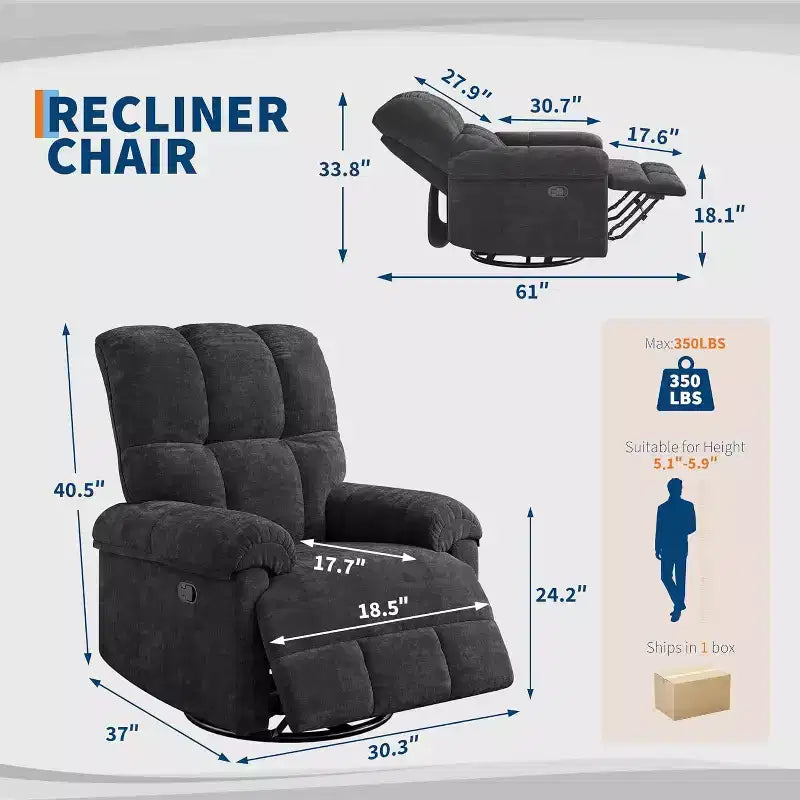 Fauteuil inclinable pivotant à 360° en chenille – Fauteuil à bascule manuel avec accoudoirs rembourrés pour salon et chambre d'enfant