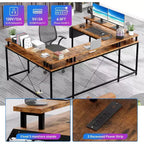 Bureau d'angle en U de 200 cm pour gamer, bureau d'ordinateur réversible en forme de L avec prises de courant, lumières LED, support d'écran et étagères de rangement