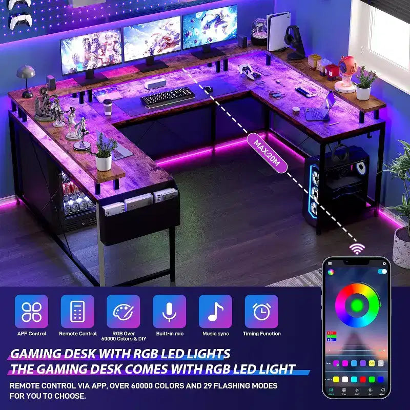 Bureau d'angle en U de 200 cm pour gamer, bureau d'ordinateur réversible en forme de L avec prises de courant, lumières LED, support d'écran et étagères de rangement