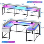 Bureau d'angle en U de 200 cm pour gamer, bureau d'ordinateur réversible en forme de L avec prises de courant, lumières LED, support d'écran et étagères de rangement