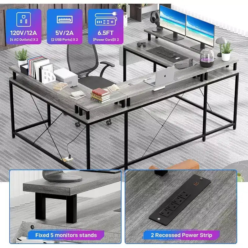 Bureau d'angle en U de 200 cm pour gamer, bureau d'ordinateur réversible en forme de L avec prises de courant, lumières LED, support d'écran et étagères de rangement