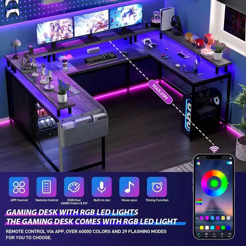 Bureau d'angle en U de 200 cm pour gamer, bureau d'ordinateur réversible en forme de L avec prises de courant, lumières LED, support d'écran et étagères de rangement