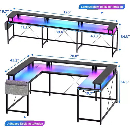 Bureau d'angle en U de 200 cm pour gamer, bureau d'ordinateur réversible en forme de L avec prises de courant, lumières LED, support d'écran et étagères de rangement