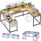 Bureau d'angle en U de 200 cm pour gamer, bureau d'ordinateur réversible en forme de L avec prises de courant, lumières LED, support d'écran et étagères de rangement