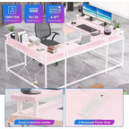 Bureau d'angle en U de 200 cm pour gamer, bureau d'ordinateur réversible en forme de L avec prises de courant, lumières LED, support d'écran et étagères de rangement