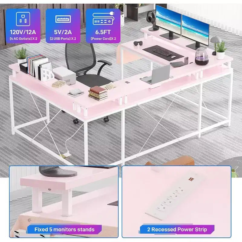 Bureau d'angle en U de 200 cm pour gamer, bureau d'ordinateur réversible en forme de L avec prises de courant, lumières LED, support d'écran et étagères de rangement