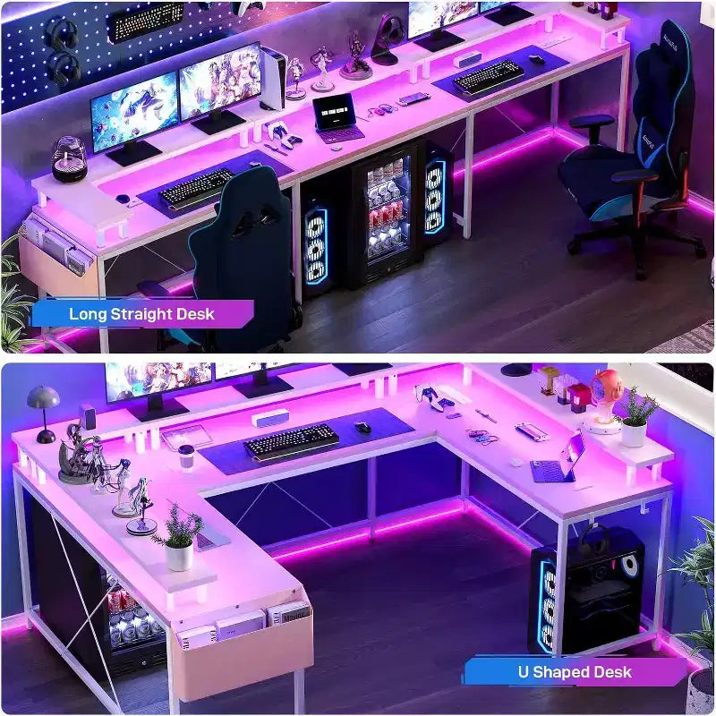 Bureau d'angle en U de 200 cm pour gamer, bureau d'ordinateur réversible en forme de L avec prises de courant, lumières LED, support d'écran et étagères de rangement