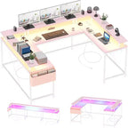 Bureau d'angle en U de 200 cm pour gamer, bureau d'ordinateur réversible en forme de L avec prises de courant, lumières LED, support d'écran et étagères de rangement