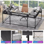 Bureau d'angle en U de 200 cm pour gamer, bureau d'ordinateur réversible en forme de L avec prises de courant, lumières LED, support d'écran et étagères de rangement