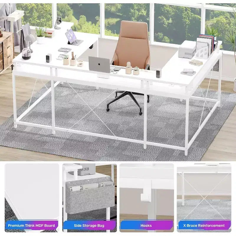 Bureau d'angle en U de 200 cm pour gamer, bureau d'ordinateur réversible en forme de L avec prises de courant, lumières LED, support d'écran et étagères de rangement