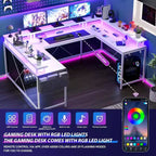 Bureau d'angle en U de 200 cm pour gamer, bureau d'ordinateur réversible en forme de L avec prises de courant, lumières LED, support d'écran et étagères de rangement