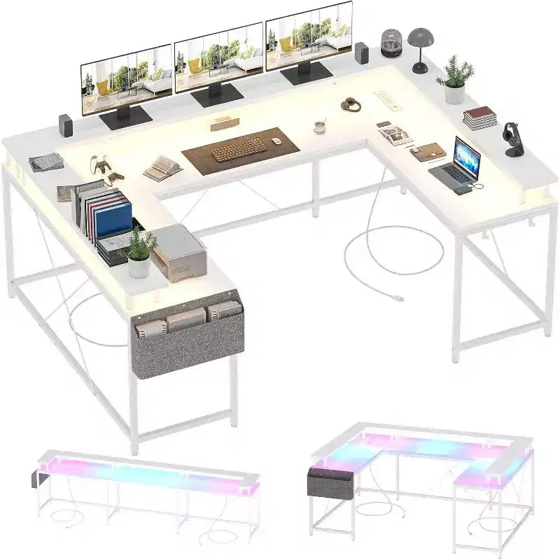Bureau d'angle en U de 200 cm pour gamer, bureau d'ordinateur réversible en forme de L avec prises de courant, lumières LED, support d'écran et étagères de rangement