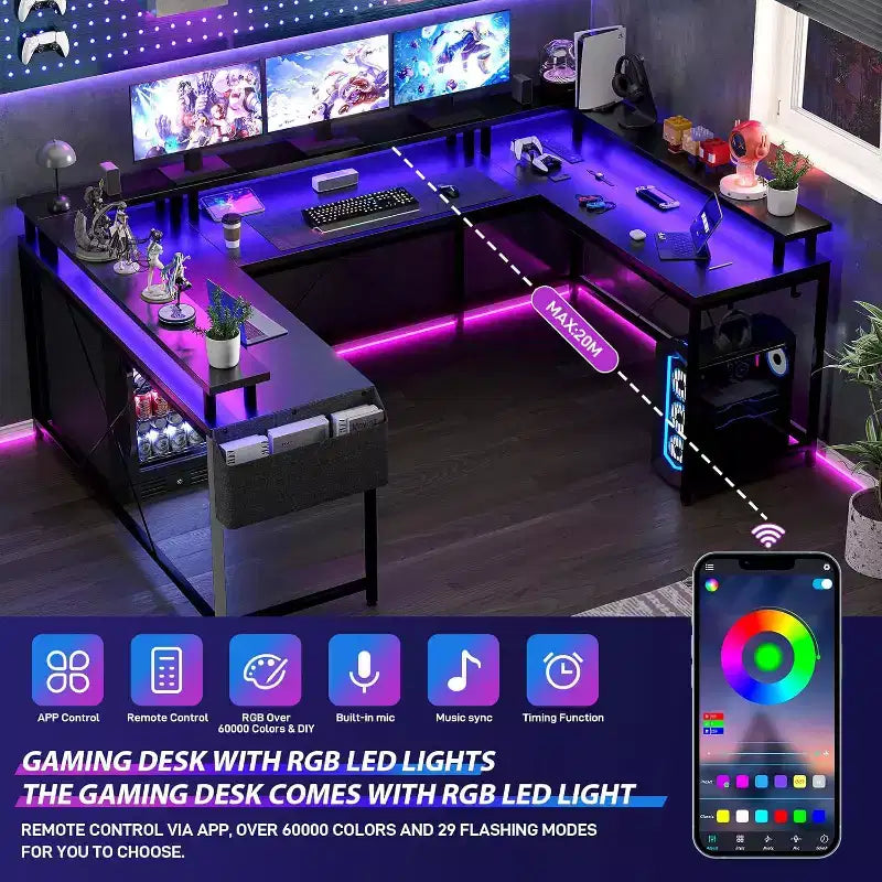 Bureau d'angle en U de 200 cm pour gamer, bureau d'ordinateur réversible en forme de L avec prises de courant, lumières LED, support d'écran et étagères de rangement