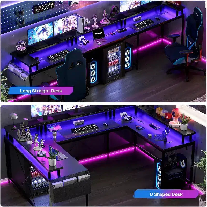 Bureau d'angle en U de 200 cm pour gamer, bureau d'ordinateur réversible en forme de L avec prises de courant, lumières LED, support d'écran et étagères de rangement