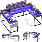 Bureau d'angle en U de 200 cm pour gamer, bureau d'ordinateur réversible en forme de L avec prises de courant, lumières LED, support d'écran et étagères de rangement