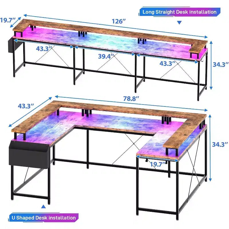 Bureau d'angle en U de 200 cm pour gamer, bureau d'ordinateur réversible en forme de L avec prises de courant, lumières LED, support d'écran et étagères de rangement