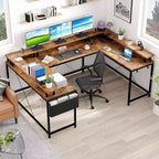 Bureau d'angle en U de 200 cm pour gamer, bureau d'ordinateur réversible en forme de L avec prises de courant, lumières LED, support d'écran et étagères de rangement