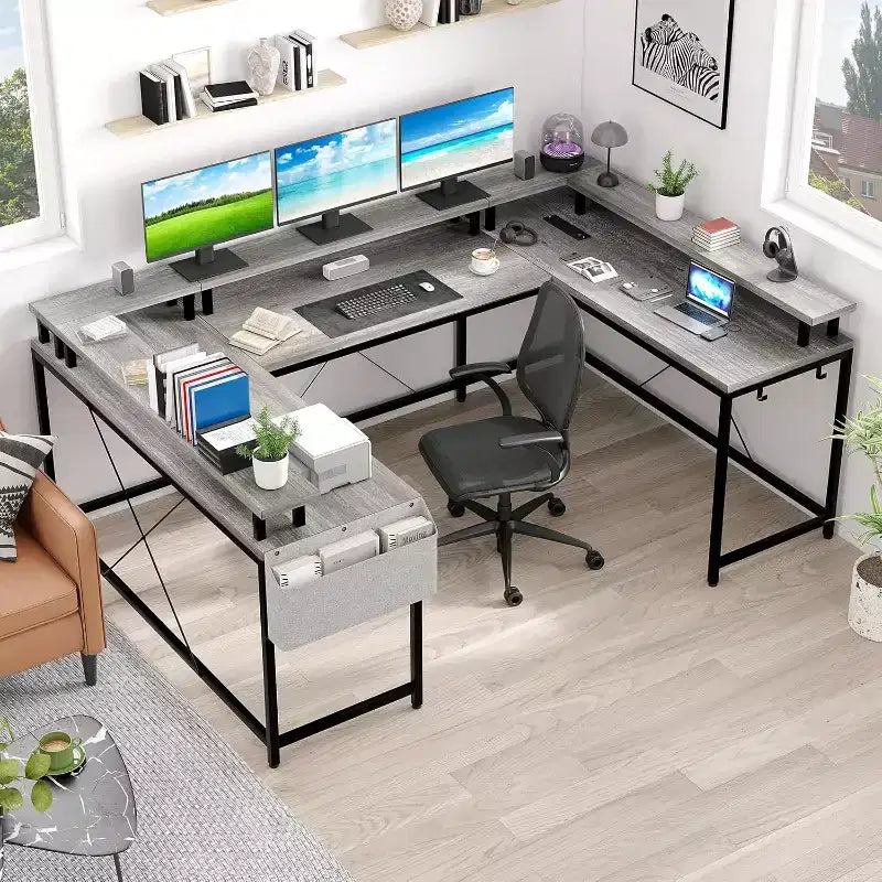 Bureau d'angle en U de 200 cm pour gamer, bureau d'ordinateur réversible en forme de L avec prises de courant, lumières LED, support d'écran et étagères de rangement