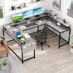 Bureau d'angle en U de 200 cm pour gamer, bureau d'ordinateur réversible en forme de L avec prises de courant, lumières LED, support d'écran et étagères de rangement