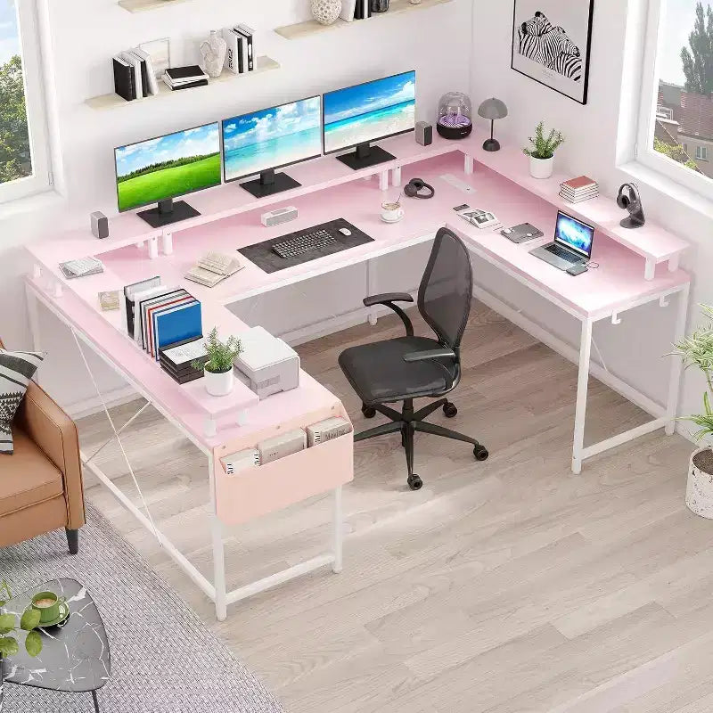 Bureau d'angle en U de 200 cm pour gamer, bureau d'ordinateur réversible en forme de L avec prises de courant, lumières LED, support d'écran et étagères de rangement