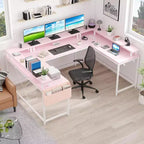Bureau d'angle en U de 200 cm pour gamer, bureau d'ordinateur réversible en forme de L avec prises de courant, lumières LED, support d'écran et étagères de rangement