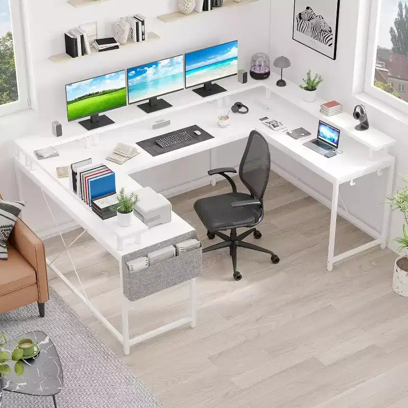 Bureau d'angle en U de 200 cm pour gamer, bureau d'ordinateur réversible en forme de L avec prises de courant, lumières LED, support d'écran et étagères de rangement