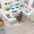 Bureau d'angle en U de 200 cm pour gamer, bureau d'ordinateur réversible en forme de L avec prises de courant, lumières LED, support d'écran et étagères de rangement