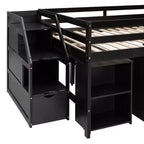 Lit mezzanine double avec bureau rétractable et 3 tiroirs, lit mezzanine en bois avec escalier de rangement et étagères