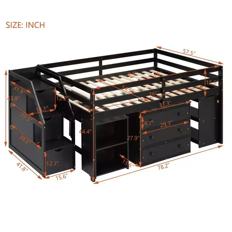 Lit mezzanine double avec bureau rétractable et 3 tiroirs, lit mezzanine en bois avec escalier de rangement et étagères