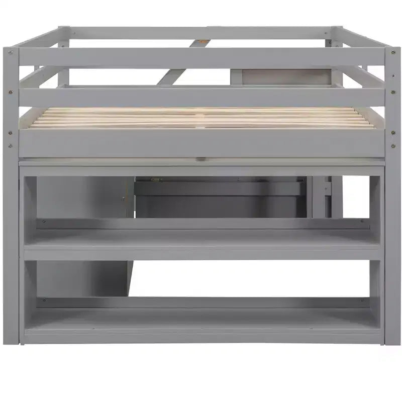 Lit mezzanine double avec bureau rétractable et 3 tiroirs, lit mezzanine en bois avec escalier de rangement et étagères