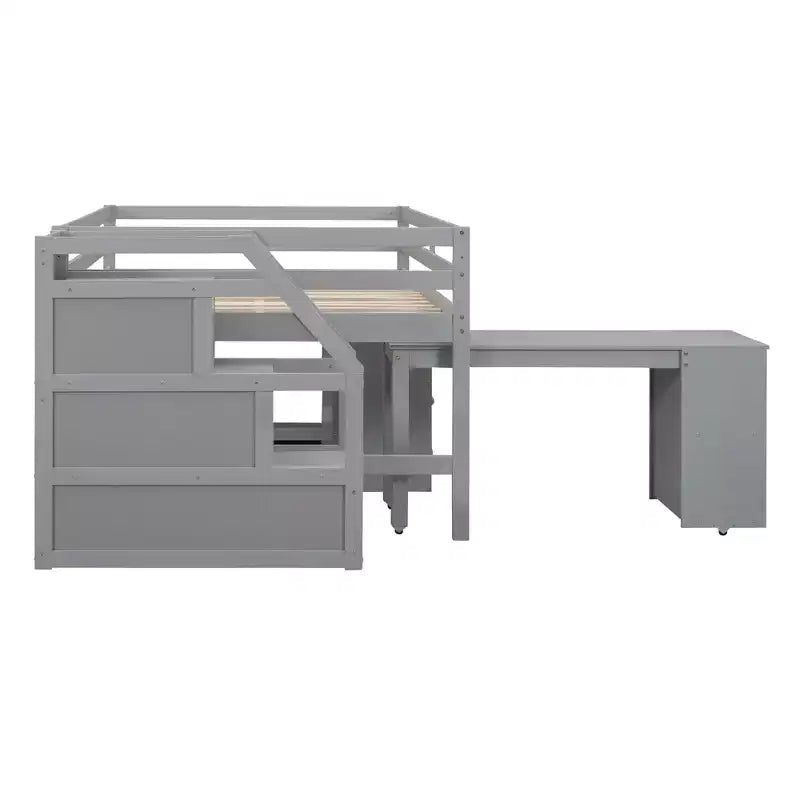 Lit mezzanine double avec bureau rétractable et 3 tiroirs, lit mezzanine en bois avec escalier de rangement et étagères