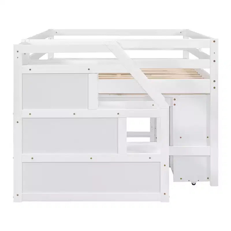 Lit mezzanine double avec bureau rétractable et 3 tiroirs, lit mezzanine en bois avec escalier de rangement et étagères
