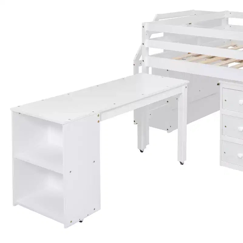 Lit mezzanine double avec bureau rétractable et 3 tiroirs, lit mezzanine en bois avec escalier de rangement et étagères