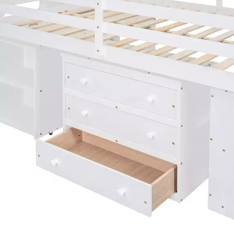 Lit mezzanine double avec bureau rétractable et 3 tiroirs, lit mezzanine en bois avec escalier de rangement et étagères