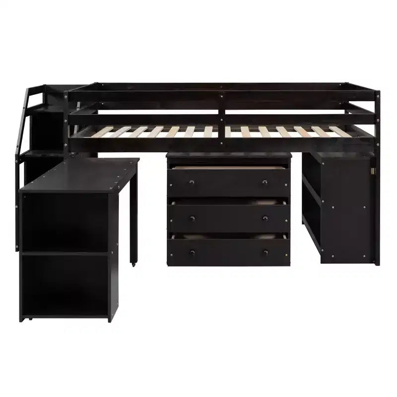 Lit mezzanine double avec bureau rétractable et 3 tiroirs, lit mezzanine en bois avec escalier de rangement et étagères