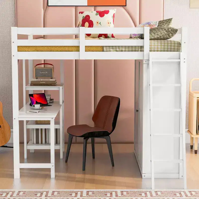 Lit mezzanine pleine grandeur avec armoire et bureau pour enfants, cadre de lit mezzanine haut en bois avec étagères de rangement