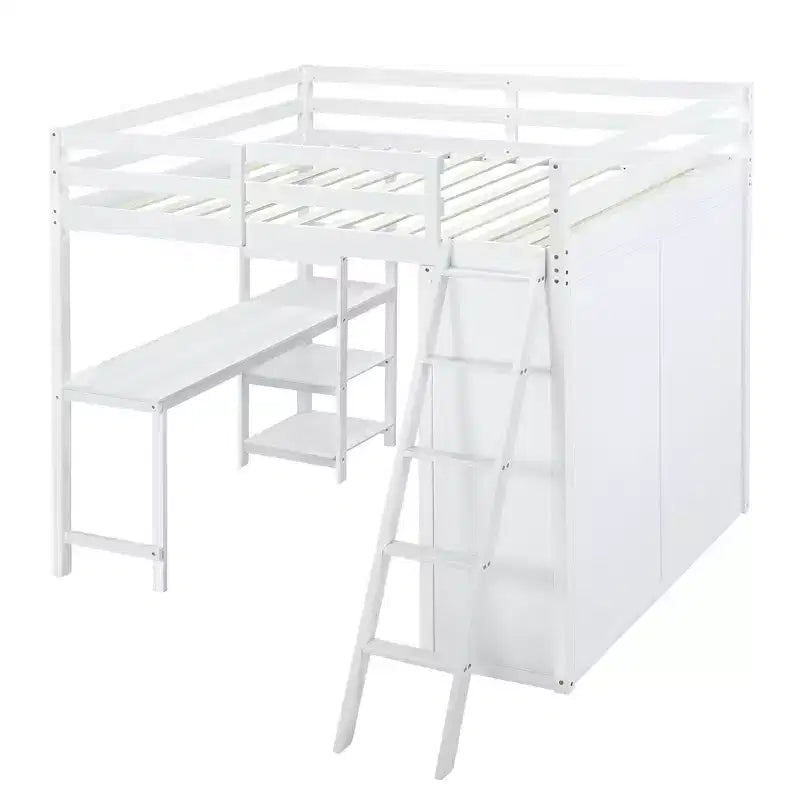 Lit mezzanine pleine grandeur avec armoire et bureau pour enfants, cadre de lit mezzanine haut en bois avec étagères de rangement