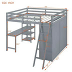 Lit mezzanine pleine grandeur avec armoire et bureau pour enfants, cadre de lit mezzanine haut en bois avec étagères de rangement