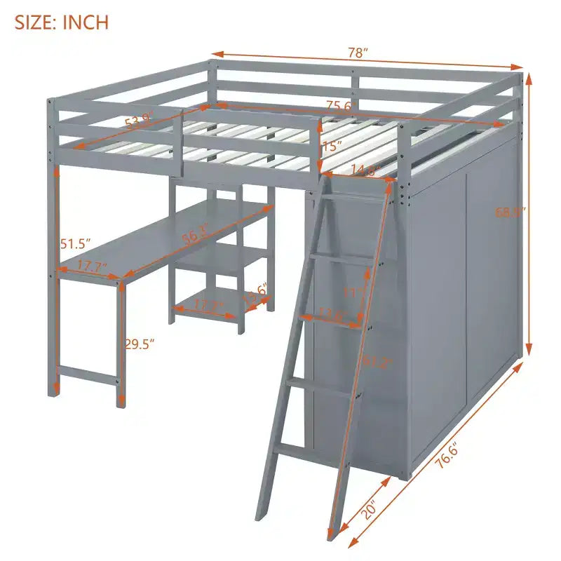 Lit mezzanine pleine grandeur avec armoire et bureau pour enfants, cadre de lit mezzanine haut en bois avec étagères de rangement